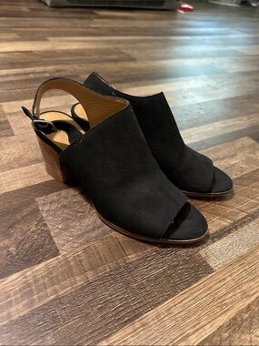Lucky Brand Black Suede Open-Toe Slingback Block Heel Sandals